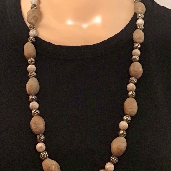 Women’s Long Necklace Tan Beige Silver - Picture 2 of 10